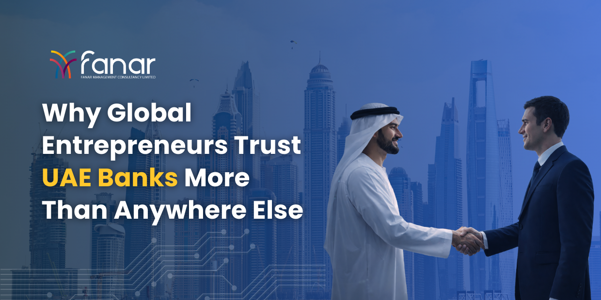 Illustration showing a UAE national and a corporate professional shaking hands in front of the Dubai skyline, representing trust, global entrepreneurship, and confidence in UAE banking systems.