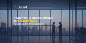 Business professionals shaking hands in a modern Dubai office overlooking the skyline, representing UAE free zone company setup and business formation.
