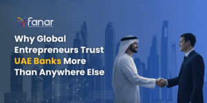 Two businessmen shaking hands in front of the Dubai skyline, representing why global entrepreneurs trust UAE corporate banking and financial stability.